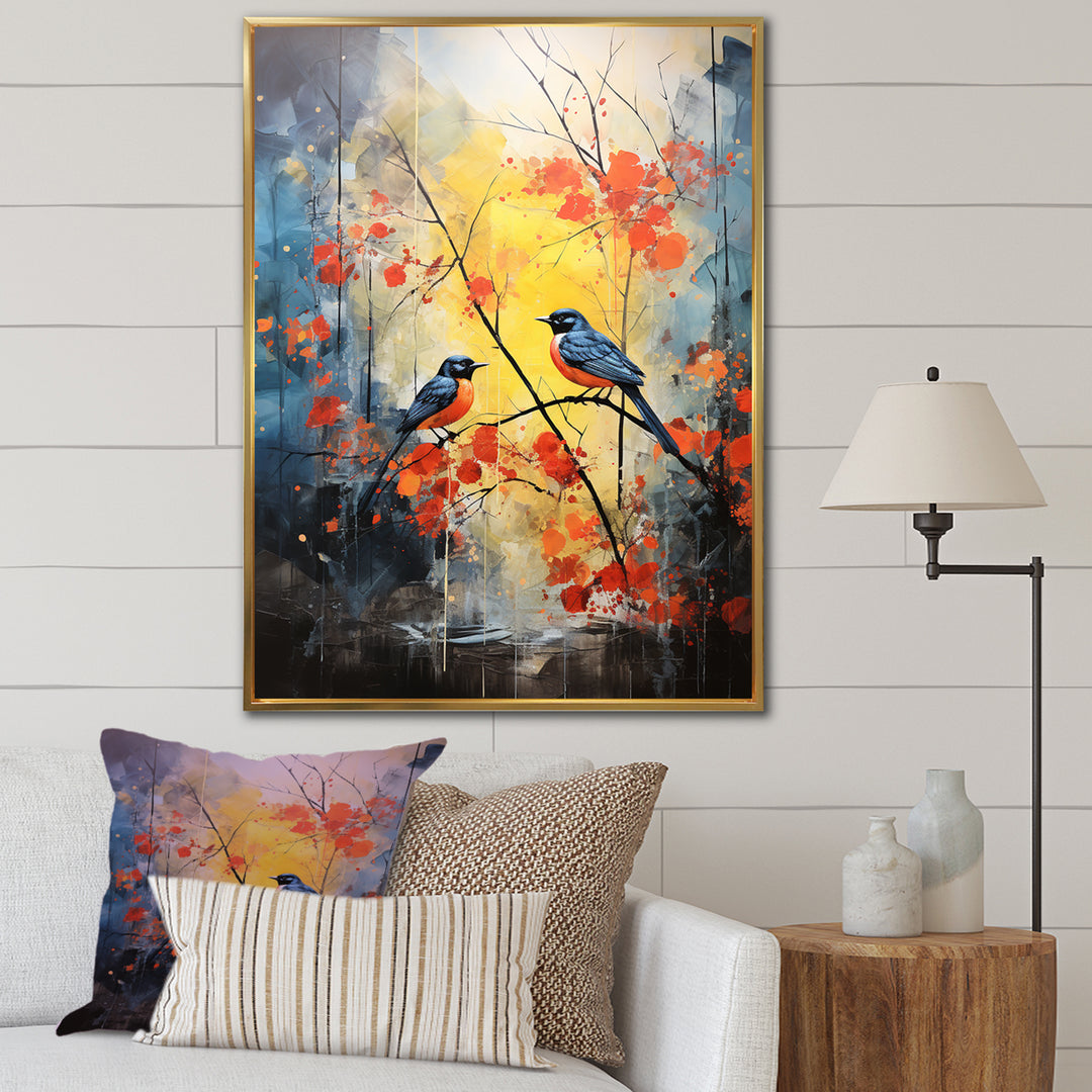 Blue and yellow forest with Eastern bluebird - Bird Floral Bedroom Wall Art