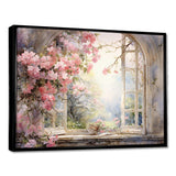 Pink Blossoming country window Gaze  I - Floral Canvas Wall Art