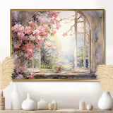 Pink Blossoming country window Gaze  I - Floral Canvas Wall Art