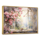 Pink Blossoming country window Gaze  I - Floral Canvas Wall Art