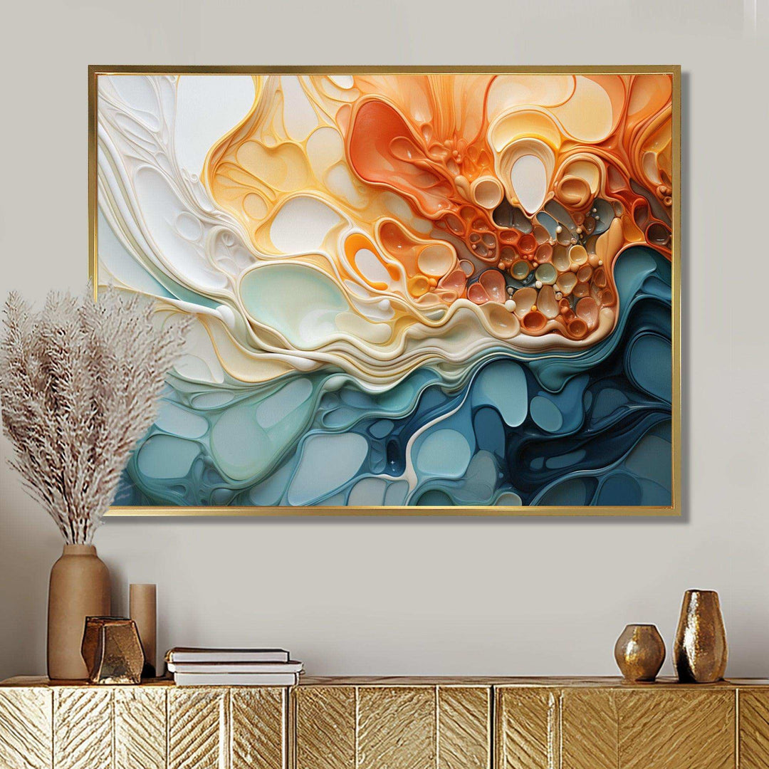Blue and orange Ink Cascade fluid - Abstract Canvas Wall Art
