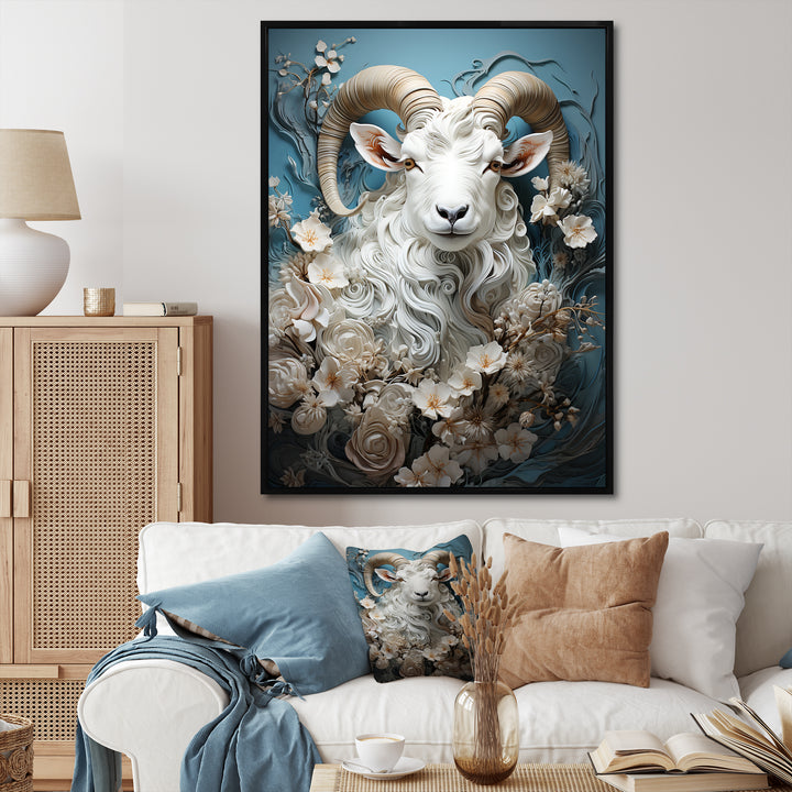 White and blue vintage goat floral portrait - Goat Living Room Wall Art