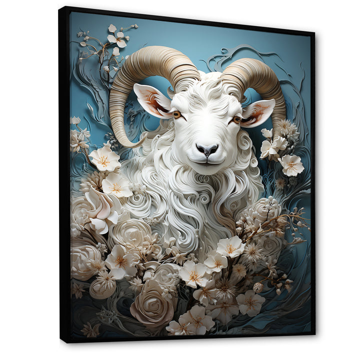 White and blue vintage goat floral portrait - Goat Living Room Wall Art