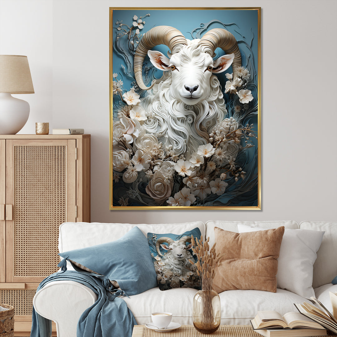 White and blue vintage goat floral portrait - Goat Living Room Wall Art