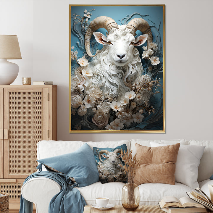 White and blue vintage goat floral portrait - Goat Living Room Wall Art