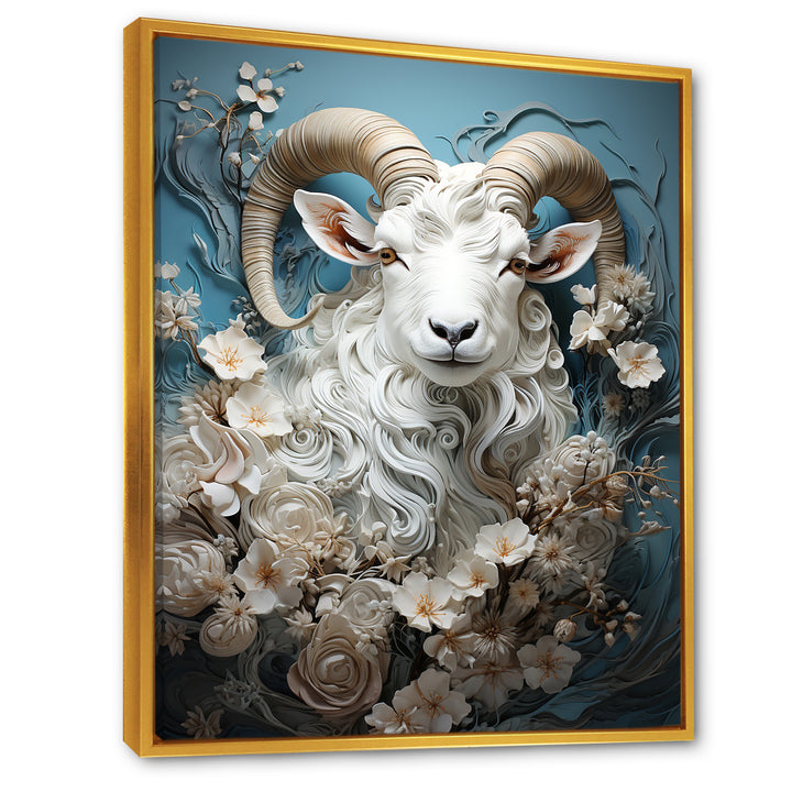 White and blue vintage goat floral portrait - Goat Living Room Wall Art