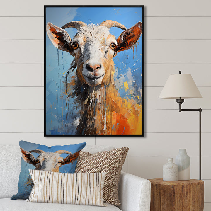 White and blue pop art goat portrait - Goat Bedroom Wall Art