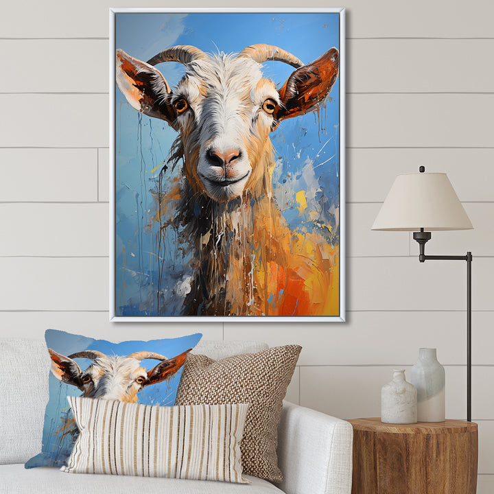 White and blue pop art goat portrait - Goat Bedroom Wall Art