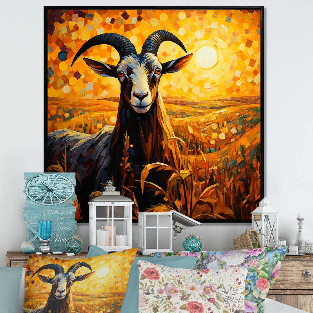 Yellow Sunset meadow goat - Goat Canvas Wall Art