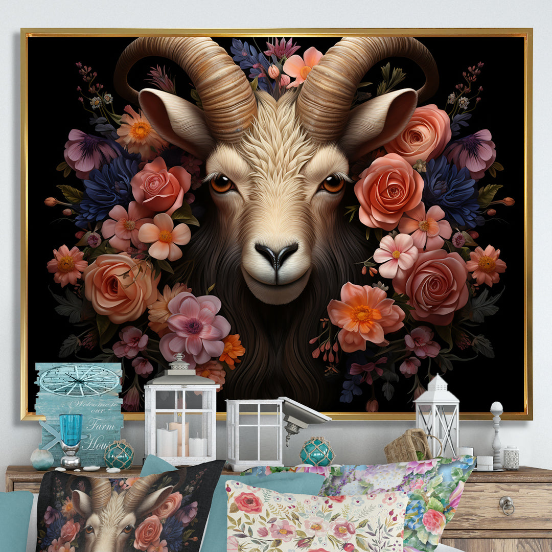 Pink and purple floral goat portrait - Goat Wall Decor