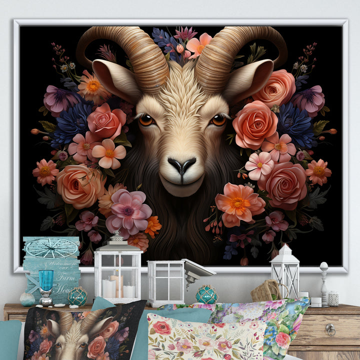Pink and purple floral goat portrait - Goat Wall Decor