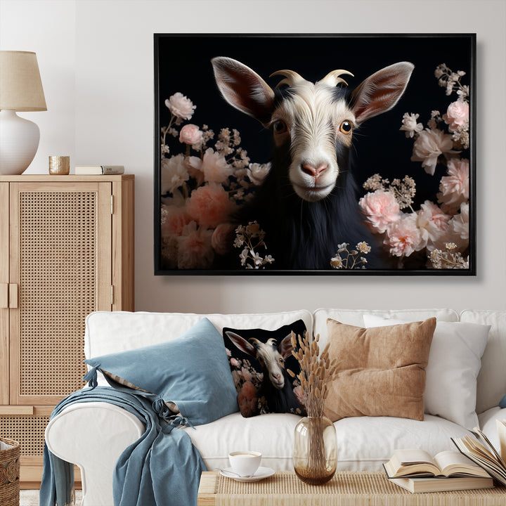 White and pink floral goat portrait - Goat Wall Art Prints