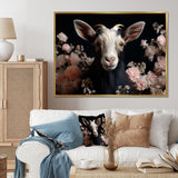 White and pink floral goat portrait - Goat Wall Art Prints