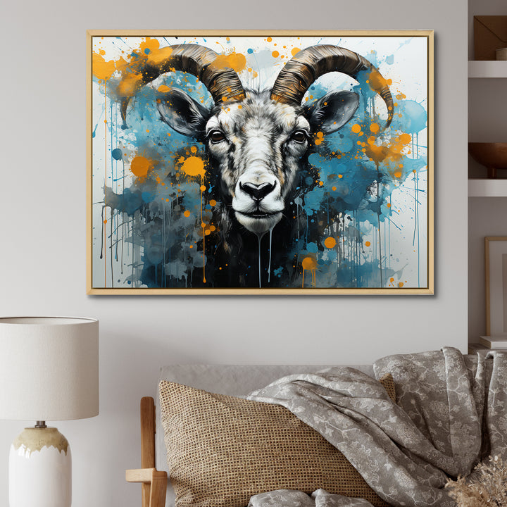 Blue Yellow goat blooms portrait - Goat Canvas Wall Art