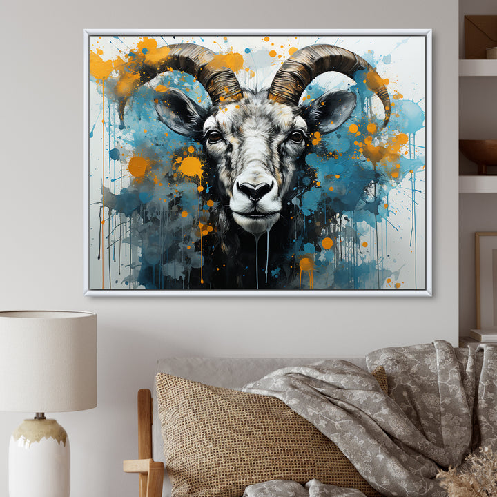 Blue Yellow goat blooms portrait - Goat Canvas Wall Art
