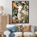 White goat portrait with summer flower - Goat Canvas Wall Art