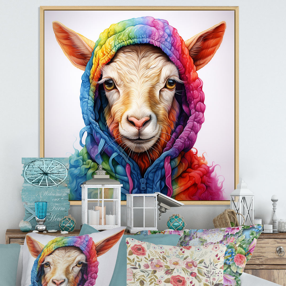 Colorful Knitted Jumper Goat Portrait - Goat Canvas Wall Art