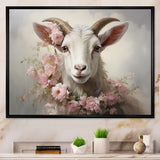 White Billy goat in pink floral Coller - Goat Canvas Wall Art