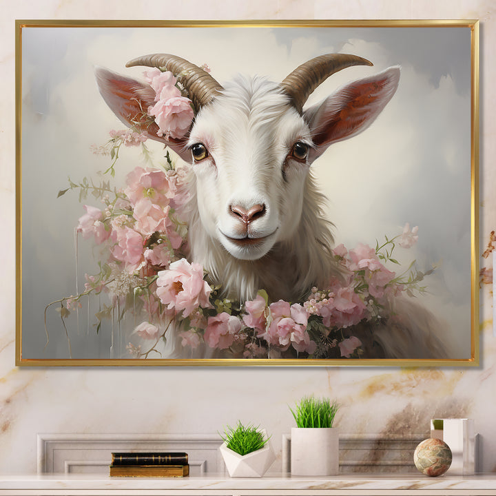 White Billy goat in pink floral Coller - Goat Canvas Wall Art