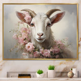 White Billy goat in pink floral Coller - Goat Canvas Wall Art