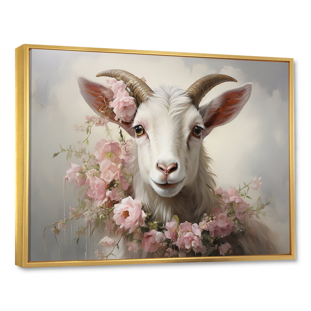 White Billy goat in pink floral Coller - Goat Canvas Wall Art