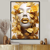 White and gold woman portrait with leaves I - Fashion Canvas Wall Art