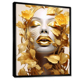 White and gold woman portrait with leaves I - Fashion Canvas Wall Art