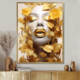 White and gold woman portrait with leaves I - Fashion Canvas Wall Art