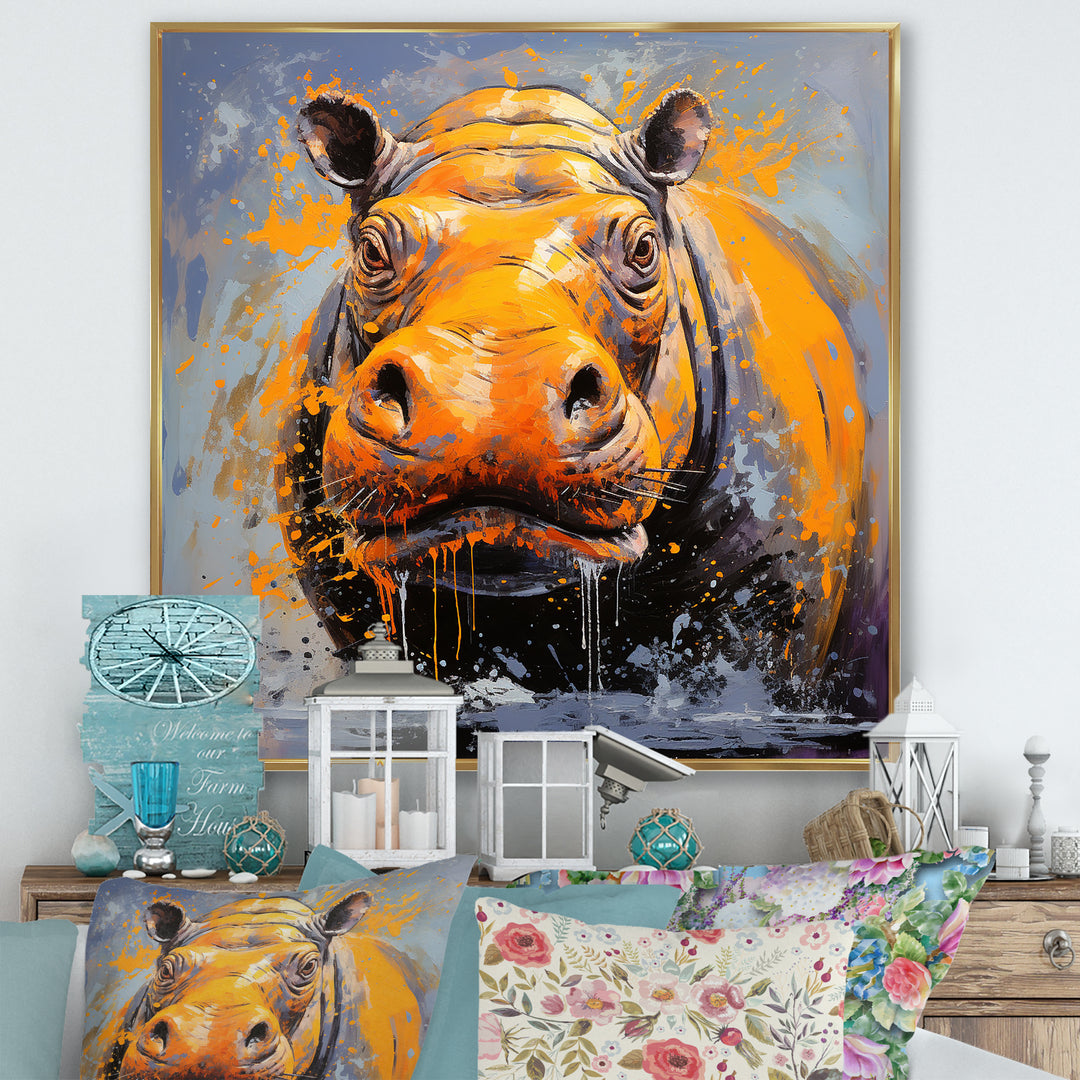 Yellow Colorful Hippo harmony - Yellow Hippopotamus Wall Art