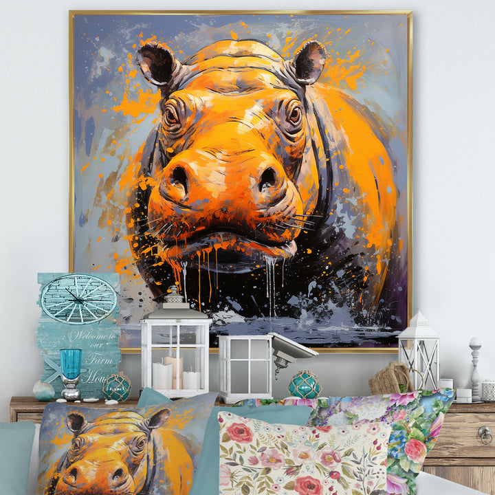 Yellow Colorful Hippo harmony - Yellow Hippopotamus Wall Art