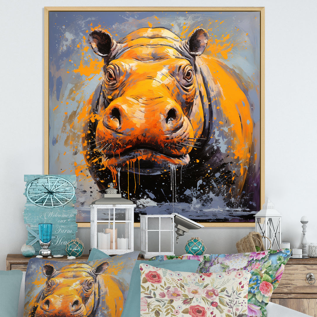 Yellow Colorful Hippo harmony - Yellow Hippopotamus Wall Art