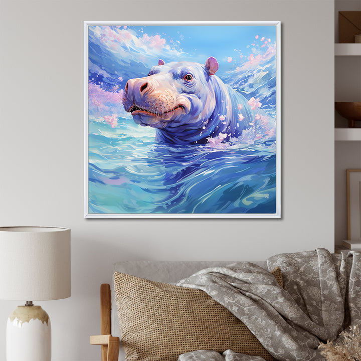 Blue Serene Hippo Majesty - Hippopotamus Large Canvas Wall Art
