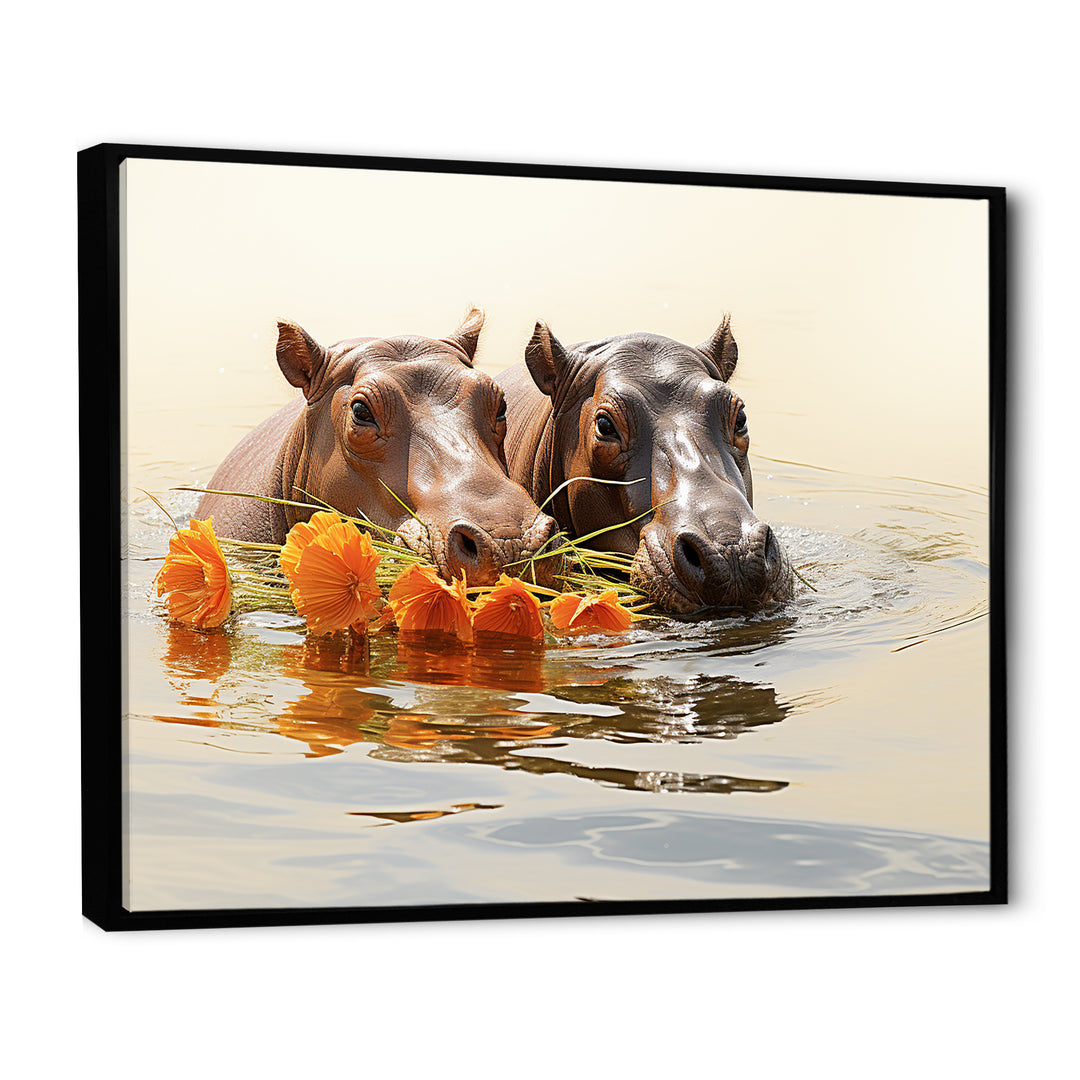 Grey Rivers Romantic Serenade - Hippopotamus Large Canvas Wall Art