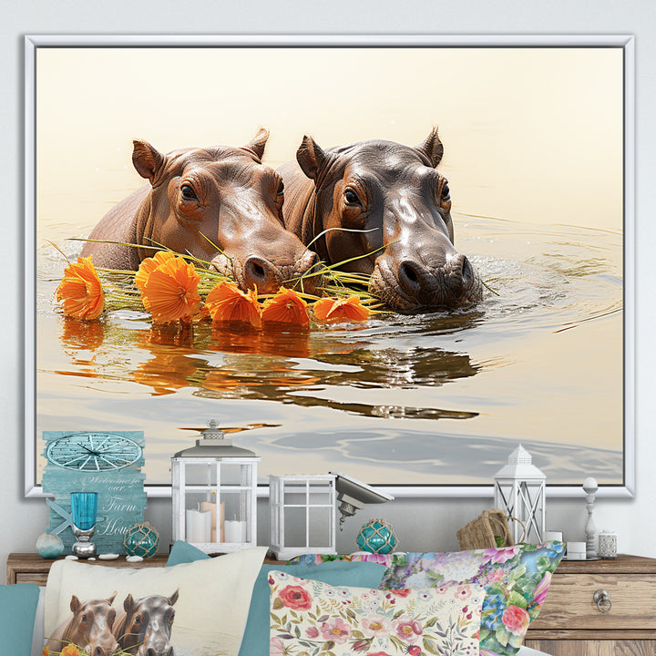 Grey Rivers Romantic Serenade - Hippopotamus Large Canvas Wall Art