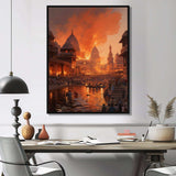 Indian Art Orange Varanasi Ghats - People Canvas Wall Art