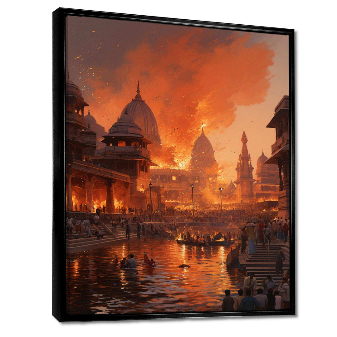 Indian Art Orange Varanasi Ghats - People Canvas Wall Art