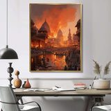 Indian Art Orange Varanasi Ghats - People Canvas Wall Art