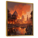 Indian Art Orange Varanasi Ghats - People Canvas Wall Art