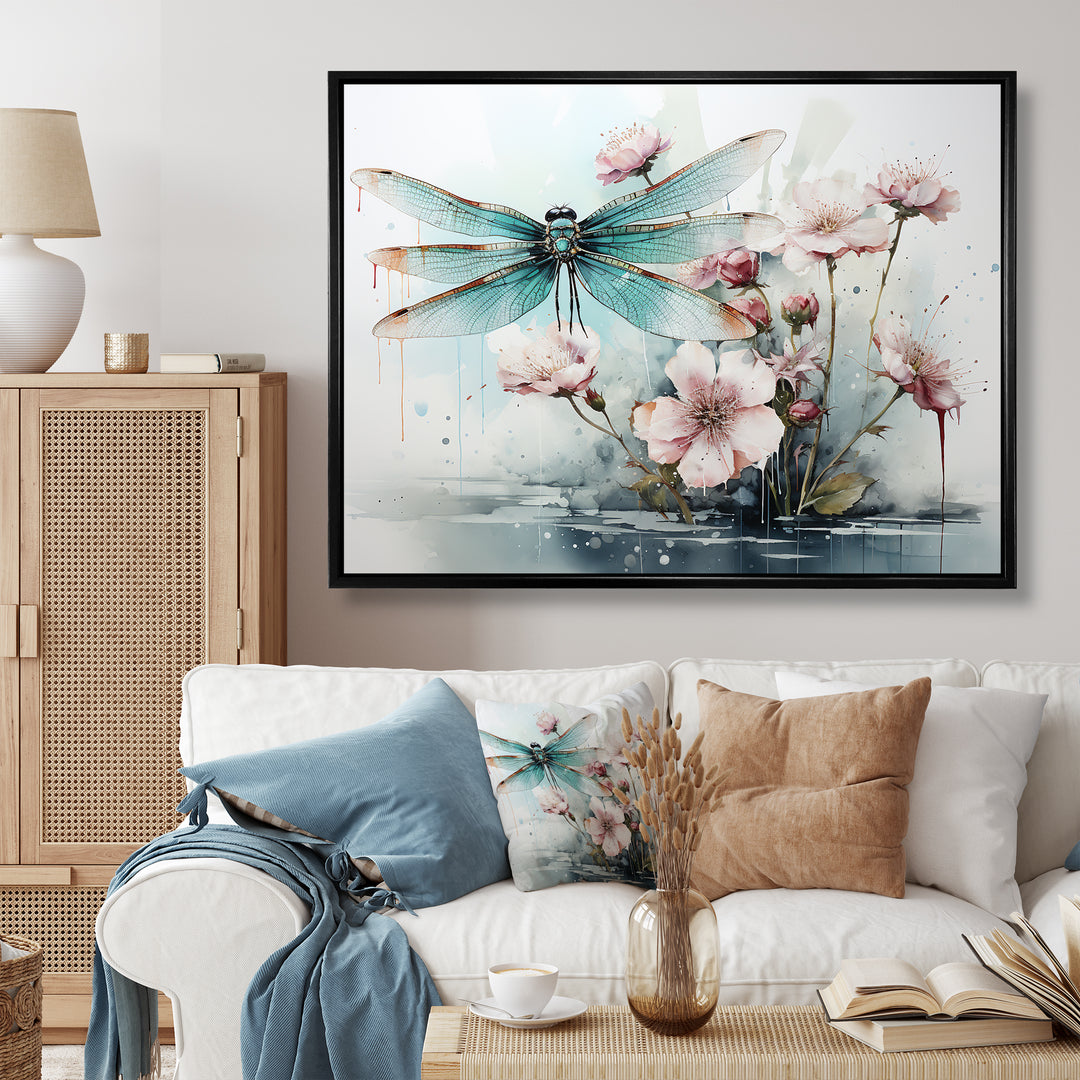 Green and pink flower flying dragonfly by the pond - Insects &amp; Bugs Canvas Wall Art