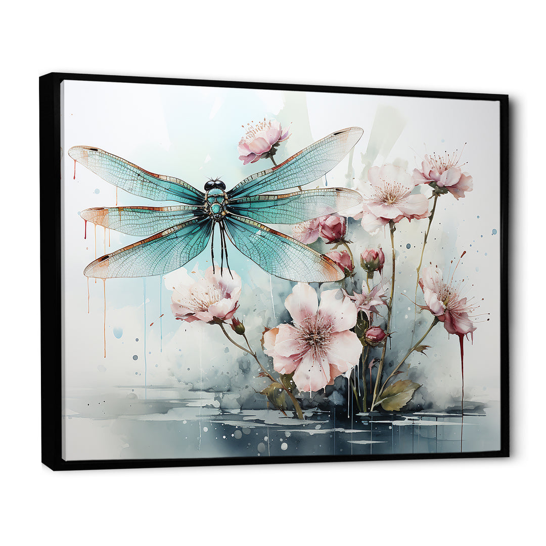 Green and pink flower flying dragonfly by the pond - Insects &amp; Bugs Canvas Wall Art
