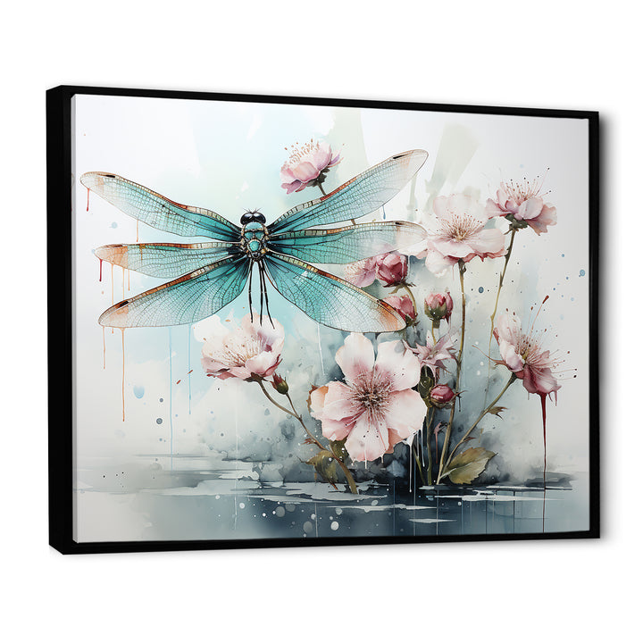 Green and pink flower flying dragonfly by the pond - Insects &amp; Bugs Canvas Wall Art