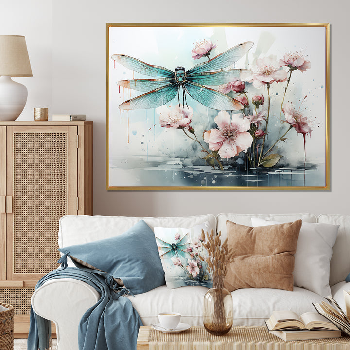 Green and pink flower flying dragonfly by the pond - Insects &amp; Bugs Canvas Wall Art
