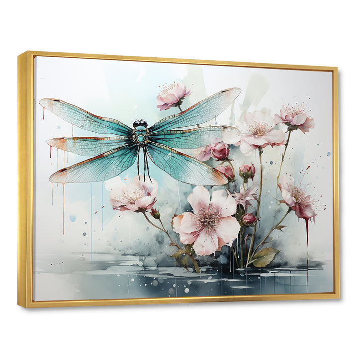 Green and pink flower flying dragonfly by the pond - Insects &amp; Bugs Canvas Wall Art