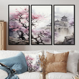 Pink floral Japanese Panorama landscape I - 3-Piece Canvas Wall Art
