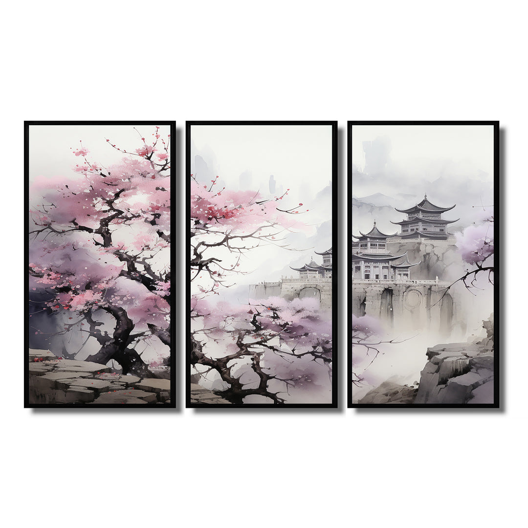 Pink floral Japanese Panorama landscape I - 3-Piece Canvas Wall Art