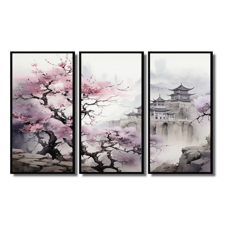 Pink floral Japanese Panorama landscape I - 3-Piece Canvas Wall Art