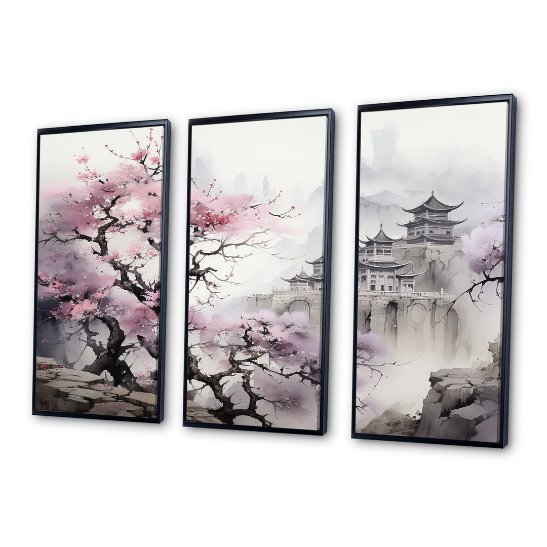 Pink floral Japanese Panorama landscape I - 3-Piece Canvas Wall Art