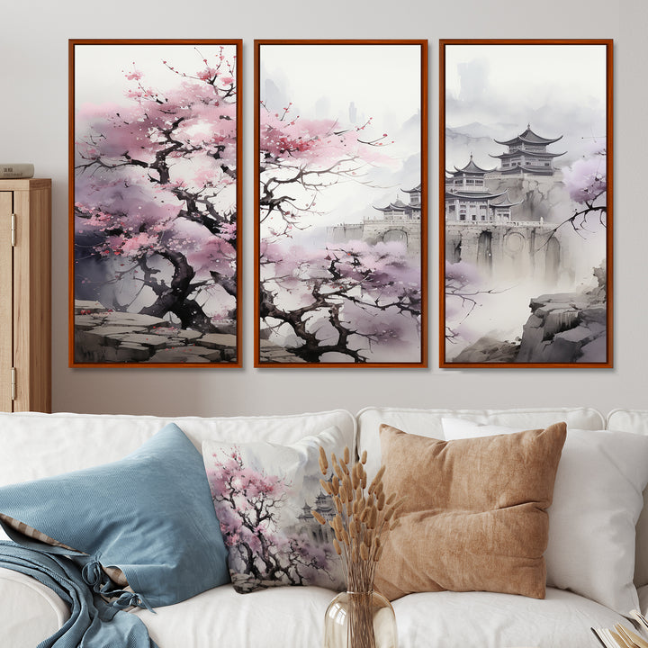 Pink floral Japanese Panorama landscape I - 3-Piece Canvas Wall Art