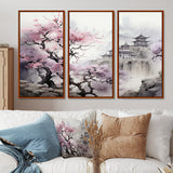 Pink floral Japanese Panorama landscape I - 3-Piece Canvas Wall Art