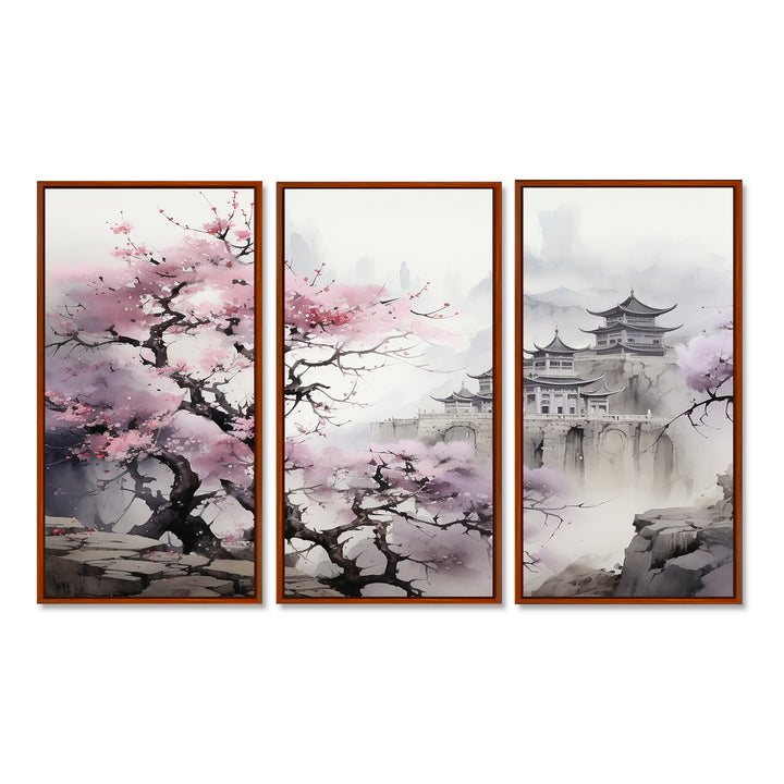 Pink floral Japanese Panorama landscape I - 3-Piece Canvas Wall Art